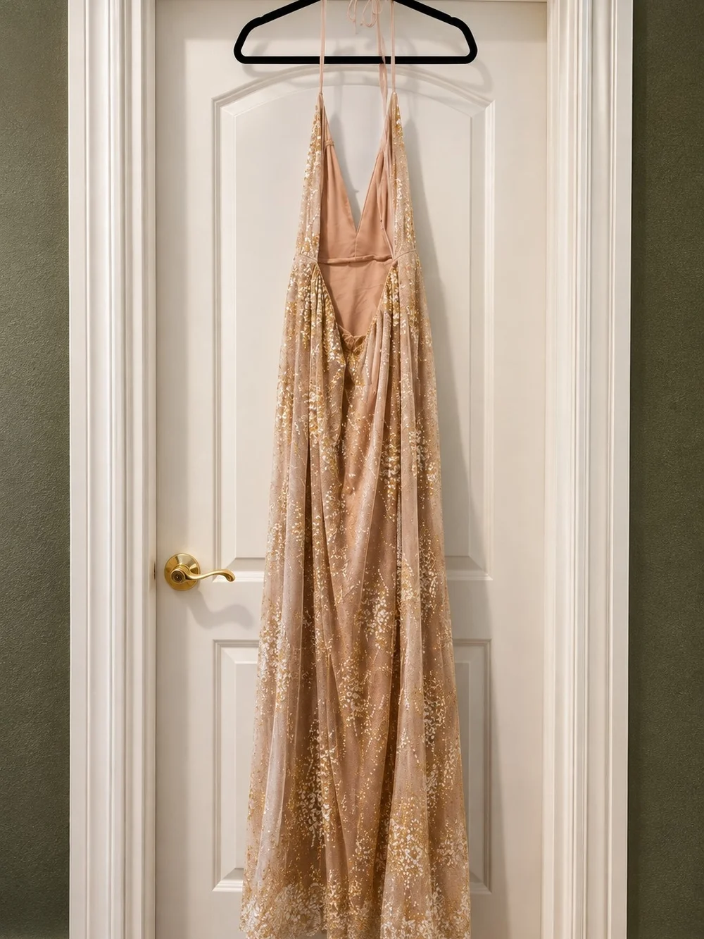 ThatsSoFetch Gold Sequin Halter Prom Dress with Deep V